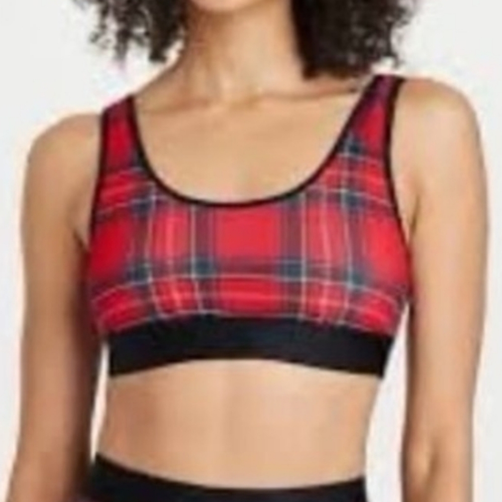 Auden Red Plaid Cotton Blend Stretch Unlined Scoop Neck Bralette- Size XS NWT